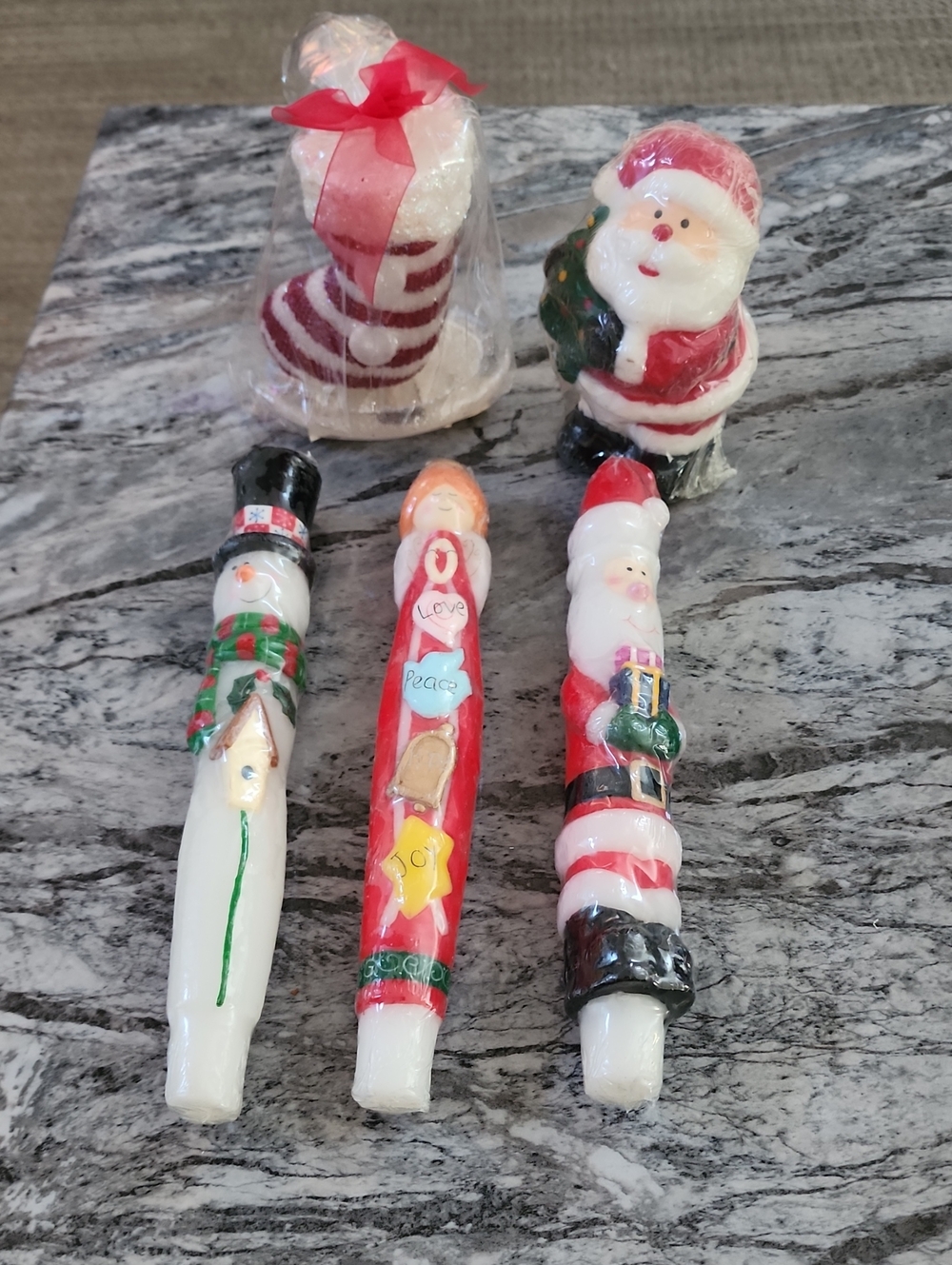 Christmas Candles, 3 Taper And 2 Three D Santa & Xmas Stocking Candle